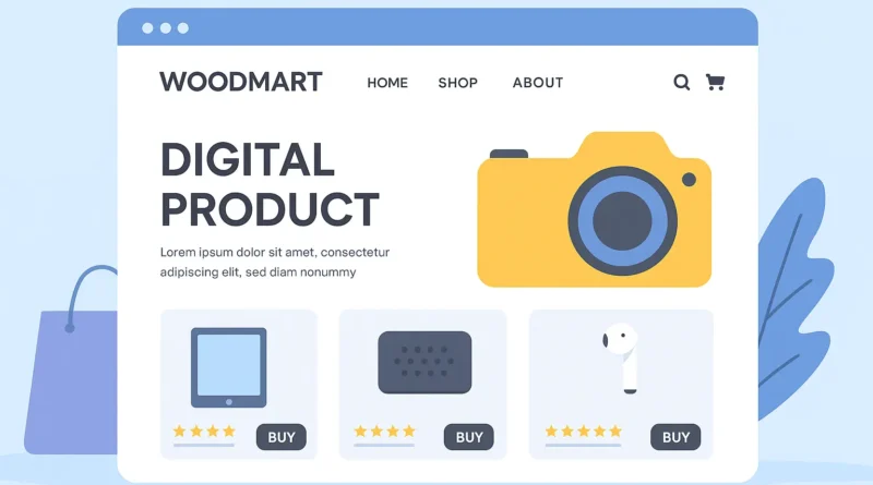 Illustration of a modern digital product website built in WordPress using the WoodMart theme, showcasing an online store layout with product listings and a clean design.