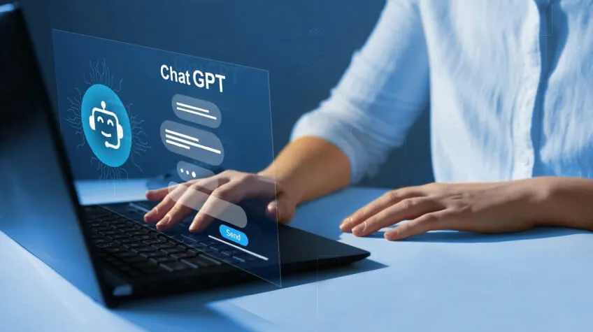 Business owner using ChatGPT on a laptop to manage tasks and boost productivity
