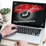 Speedometer gauge with glowing dial symbolizing improved WordPress site speed and performance.