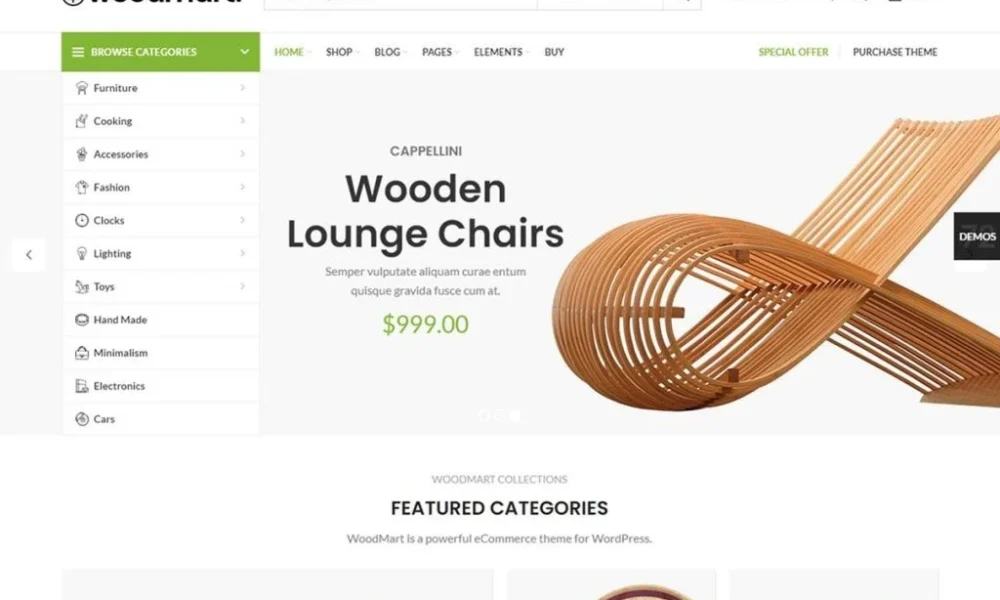 Screenshot of optimized WoodMart WordPress theme homepage showing fast-loading, clean eCommerce design in 2025
