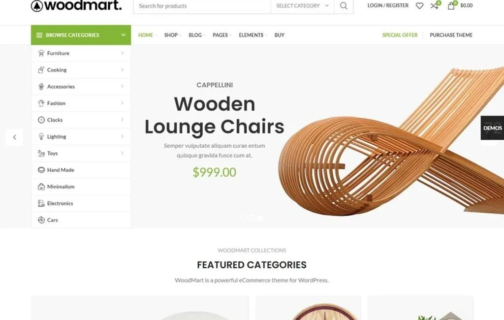 Screenshot of optimized WoodMart WordPress theme homepage showing fast-loading, clean eCommerce design in 2025