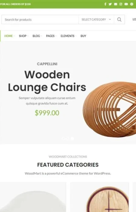 Screenshot of optimized WoodMart WordPress theme homepage showing fast-loading, clean eCommerce design in 2025