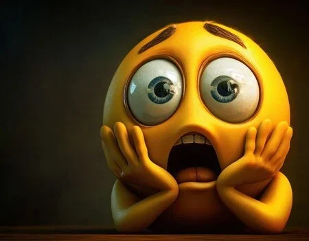 artificial intelligence interface with shocked face emoji overlay