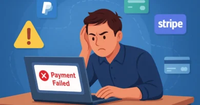 “A WooCommerce store owner troubleshooting payment gateway errors on a laptop with digital payment icons in the background
