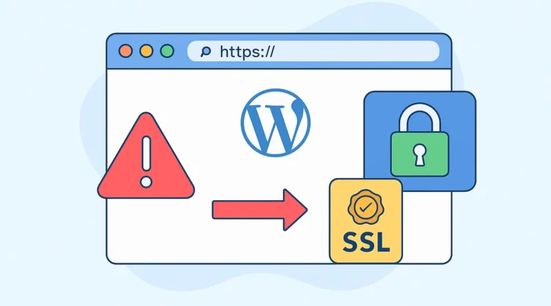 Illustration of fixing SSL certificate errors on a WordPress website, showing HTTPS padlock, SSL icon, and error warning transforming into secure lock.